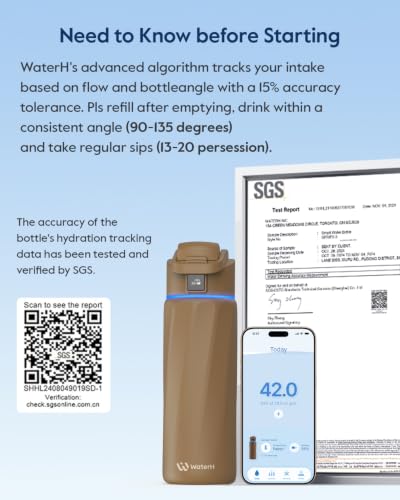 WaterH BOOST Smart Water Bottle Tracker with Reminder to Drink Water, 24oz | BPA-Free Double Wall Vacuum Insulated Stainless Steel, Leakproof, Smart App Tracking, Fits Cup Holders, Wide Mouth for School - color: Mocha, size: 24 Ounces