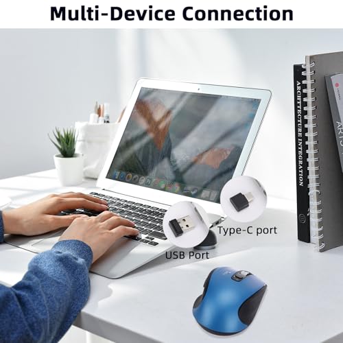 Wireless Bluetooth Mouse with USB-A, USB-C Receiver, Rechargeable, 3-Device, Full-Size, Silent Click, Ergonomic Mice for MacBook/Laptop/Computer/Tablet/PC/iPad-Blue - color: Blue