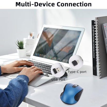 Wireless Bluetooth Mouse with USB-A, USB-C Receiver, Rechargeable, 3-Device, Full-Size, Silent Click, Ergonomic Mice for MacBook/Laptop/Computer/Tablet/PC/iPad-Blue - color: Blue