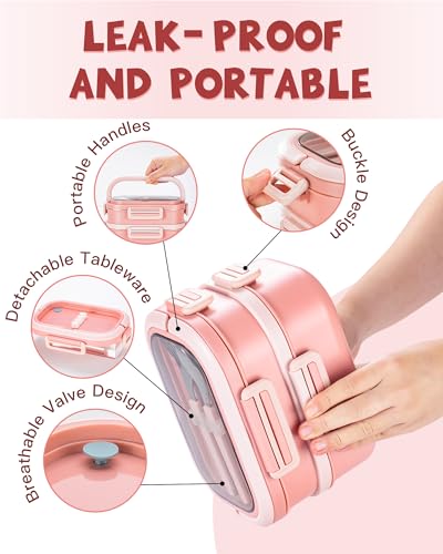 Lille Home Stackable Lunch Box, 2 Tier Stainless Steel Bento Lunch Box, 56oz Large Capacity Leakproof Lunch Containers, 4-Compartment Lunch Box with Utensils for Meal Prep, Work, Picnic(Pink) - color: 2 Tier-Pink