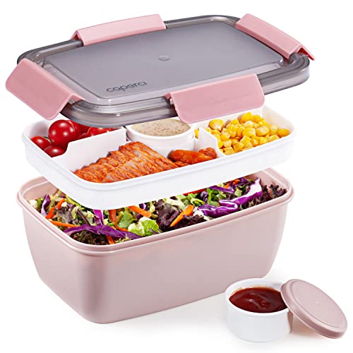 Caperci Large Salad Lunch Container - Adult Bento Lunch Box with 68 oz Salad Bowl, 5-Compartment Tray, 2pcs 3-oz Sauce Cups, Stackable, BPA-Free (Pink) - color: Pink