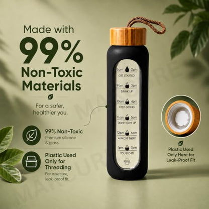 1 Litre Borosilicate Glass Water Bottle, Motivational Hydration Tracker Bottle with Bamboo Lid, Protective Silicone Sleeve | Reusable Bottle, Leak-Proof, BPA-Free, Time Marker, Black - color: Black