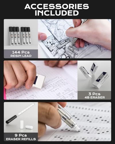 Nicpro 8 Pack 0.5mm & 0.7mm Metal Mechanical Pencil Set, MB1000 | Lead Drafting Pencil for Artist Writing, Sketching, Drawing with 6 Tubes HB Refills, 3×4B Eraser, 9×Cap Eraser - With Case - style: 8 Pack （0.5mm & 0.7mm）