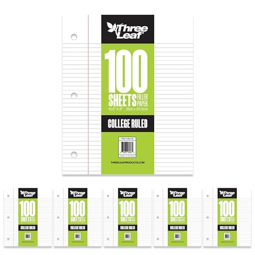 THREE LEAF 100 SHEETS COLLEGE RULED FILLER PAPER, PACK OF 6, LOOSE-LEAF SHEETS FOR SCHOOL AND OFFICE 100 CT. FILLER PAPER, NOTEBOOK PAPER - color: College Ruled, size: Pack of 6
