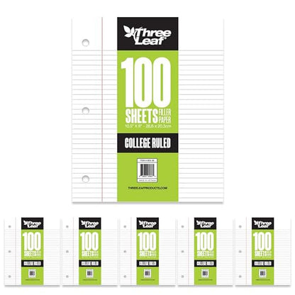 THREE LEAF 100 SHEETS COLLEGE RULED FILLER PAPER, PACK OF 6, LOOSE-LEAF SHEETS FOR SCHOOL AND OFFICE 100 CT. FILLER PAPER, NOTEBOOK PAPER - color: College Ruled, size: Pack of 6