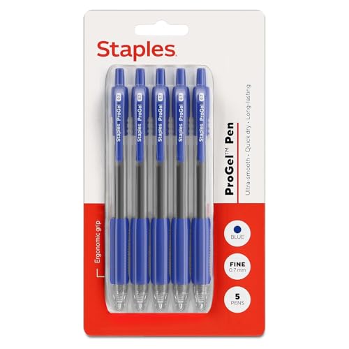 STAPLES Retractable Gel Pens, Fine Point 0.7mm, Blue Ink, 5 Pack – ProGel Quick‑Dry Pens for Notes & Everyday Writing - color: Blue, size: 5 Pack, style: Fine Point