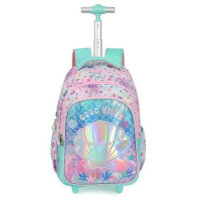 Cartoon Rolling Backpack for Boys Girls, Kids 5 Pcs Wheeled Backpack, Travel Backpack for Elementary Students (Shell Green) - color: Shell Green