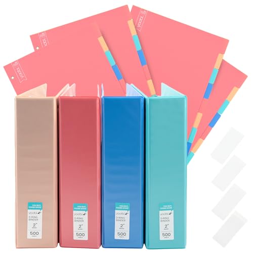 Yoobi 2 Inch Binder and 8 Tab Dividers Set, 4 Pack of 3 Ring Binders with Plastic Cover, 2 Pockets and D Rings, 4 Pack of Binder Organizer Tabs with Blank Sticky Labels, Office or School Supplies - color: Multicolor, size: 2 Inch, style: Binder + Divider