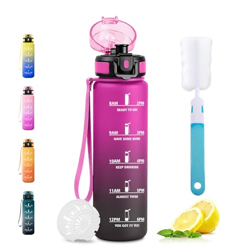 500ml Water Bottle BPA Free Filter Leakproof Motivational Water Bottle with Time Markers for Students Office Sports Gym - color: 500ml | Red Purple + Black, size: 16.9 Ounces