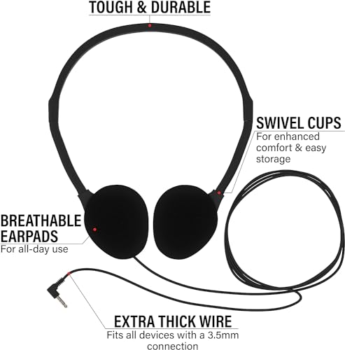 Maeline Bulk Classroom Student Headphones On Ear Stereo Headphones Flexible Adjustable Band for Kids Online Learning, Library, School, Airplane, Travel - 3.5mm Plug - 20 Pack - Black - color: Black, size: 20 Pack