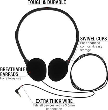 Maeline Bulk Classroom Student Headphones On Ear Stereo Headphones Flexible Adjustable Band for Kids Online Learning, Library, School, Airplane, Travel - 3.5mm Plug - 20 Pack - Black - color: Black, size: 20 Pack