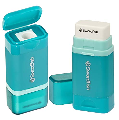 Swordfish Combo Pencil Sharpener with Mess-Free Canister and Eraser [Pack of 1] Turquoise [40294] - size: pack of 1