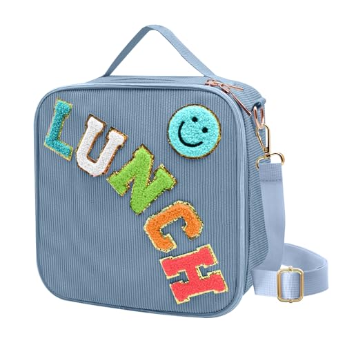 Insulated Lunch Bag With Adjustable Shoulder Strap, Cute Corduroy Preppy Lunch Box Large Insulated Lunch Bag Reusable Lunch Tote Bag with Smiley Preppy LunchBag for Girls School Travel (Blue) - color: Blue-1