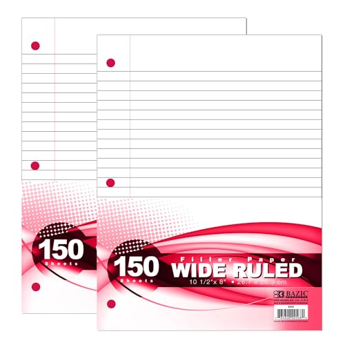 BAZIC Products Wide-Ruled Filler Paper, 3-Hole Punched, 150 Sheets, 2-Pack | 10.5 x 8 in, fit standard 3-ring binders, class notes and homework - color: Wide Ruled (150 Sheets), size: 2-Pack