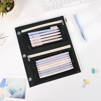 SKYDUE Pencil Pouch for 3 Ring Binder, 3 Compartment Zipper Pencil Case, Large Capacity Pen Organizer with Clear PVC Window for School Supplies, Students, Kids & Teachers - color: Black