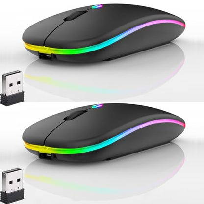 2 Pack LED Wireless Mouse, Slim Silent Dual-Mode 2.4G+BT Rechargable Portable Mobile Optical Office 7-Color Mouse with USB Receiver, 3 Adjustable DPI Levels for Notebook, Computer, MacBook (Black) - color: 2 Pack black