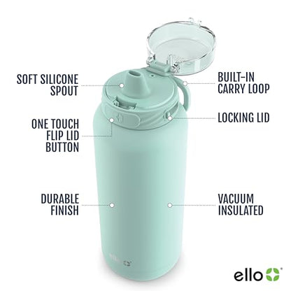Ello Cooper 32oz Stainless Steel Water Bottle with Straw and Carry Handle, Double Walled and Vacuum Insulated Metal, Leak Proof Locking Lid with Soft Silicone Spout, Reusable, BPA Free, Yucca - color: Yucca, size: 32 Ounces