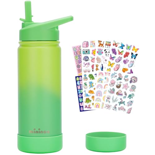 mininoo Kids Water Bottle for School, 16oz Stainless Steel Insulated Water Bottle Kids with Straw Lid for Girls, Boys (Lemon/Green) - color: 16oz Lemon/Green, size: 16 Ounces