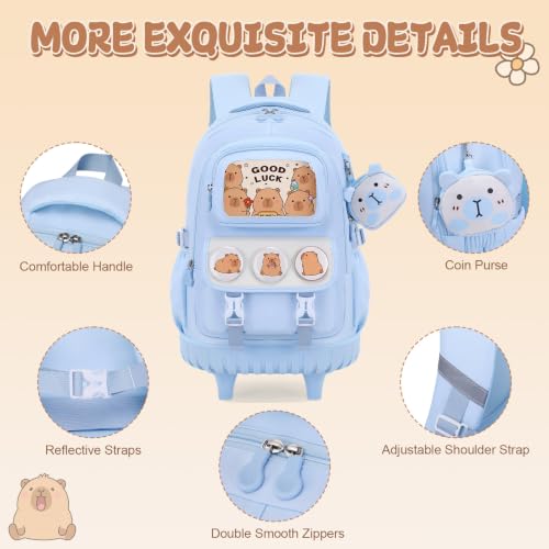 Capybara Rolling Backpack for Girls - 3PCS Girls Backpack Kids Suitcase with Lunch Box & Pencil Case Travel - Capybara Backpack with Wheels for Kindergarten Preschool Elementary (Blue) - color: Blue