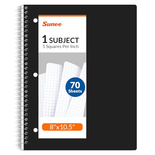 SUNEE Spiral Notebook, 1-Subject, Graph Ruled Paper, 8" x 10-1/2", 70 Sheets, 5 Squares per inch Spiral Grid Notebooks for Work, Home, School, Writing, Black - color: Black