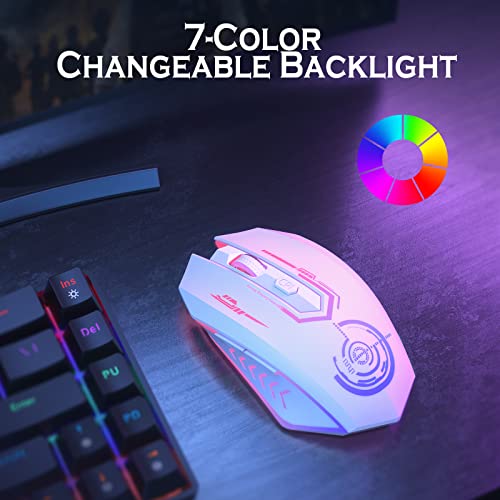 UHURU Gaming Mouse, Wireless Gaming Mouse with 6 Buttons 7 Changeable LED Color up to 10000 DPI, Rechargeable USB Gamer Mouse for PC Laptop (White) - color: white