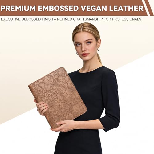 Leathario Portfolio Binder, Includes 5 Sheet Protectors and a Pen, 13 Inch Tablets Organizer, Vegan Leather A4 Padfolio, Multi-Pocket Notepad Business Planner Professional Document - color: Relief Brown
