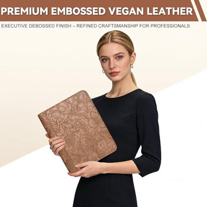 Leathario Portfolio Binder, Includes 5 Sheet Protectors and a Pen, 13 Inch Tablets Organizer, Vegan Leather A4 Padfolio, Multi-Pocket Notepad Business Planner Professional Document - color: Relief Brown