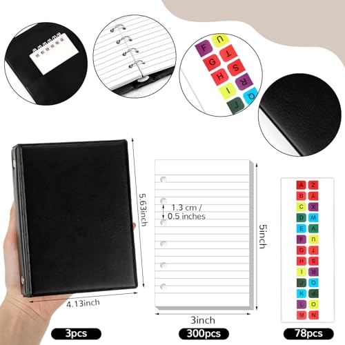 Engrowtic 3 Set Mini 6 Ring Binder 3 x 5 Inch 300 Paper Refill 78 Alphabet Dividers Small Index Tabs 3 Black PU Leather Binder Professional Ring Planner Notebook Kit(Lined)