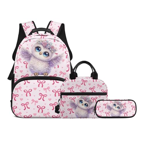 17 inch Backpack for Kids,Owl Large Capacity Bookbag with Lunch Box Pencil Case Set Rucksack Satchel School Bags 3 In 1 Set School Supplies for Girls - color: Pink Bows-owl