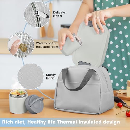 Bento Lunch Box Set with 10.5oz Soup Thermo Food Jar for Adults Kids, Stainless Steel Leak-proof Lunch Container with 4 Compartment, Coffee Tumbler with Lunch Bag for School Travel Office-Grey - color: Gray