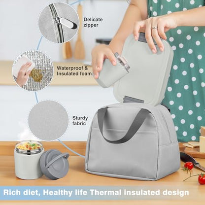 Bento Lunch Box Set with 10.5oz Soup Thermo Food Jar for Adults Kids, Stainless Steel Leak-proof Lunch Container with 4 Compartment, Coffee Tumbler with Lunch Bag for School Travel Office-Grey - color: Gray