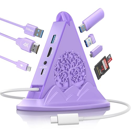 USB C Hub, Purple 8-in-1 Type C Multiport Adapter with 4K@30Hz HDMI, 100W PD, 5Gbps 1xUSB-C, 3xUSB-A 3.0, SD/TF Slots ＆ RGB Lighting, Purple USB Hub for MacBook Air/Pro, iPad, iMac, Surface - color: Light purple Tree With Base