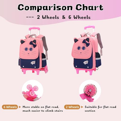 2Pcs Girls Rolling Backpack, Cute Cat Face Kids School Bag Bookbag Roller Backpack for Girls with 6 Wheels, 2Pcs-Pink - color: 6 Wheels-2pcs-pink, style: 6 Wheels
