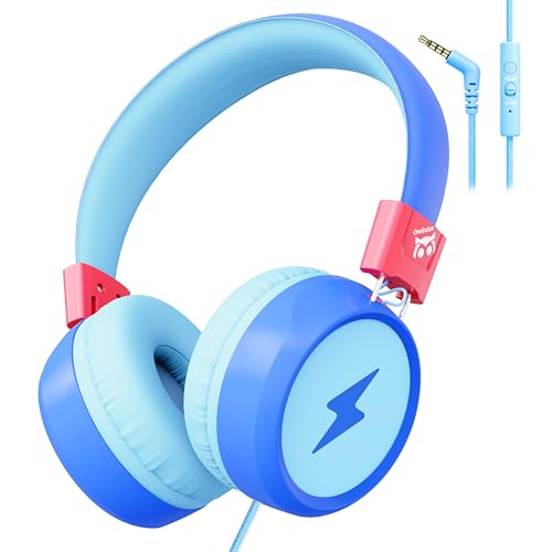 Owliwise Kids Headphones for School and Travel, Safe 85/94dB Volume Limiter, HD Microphone, Stereo Sound, Over-Ear Foldable Wired Headphones, 3.5mm Jack for iPad Cord, Chromebook, Boys Girls - color: Blue