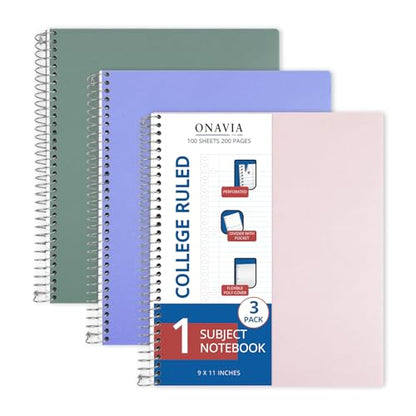 ONAVIA 1 Subject Spiral Notebook College Ruled 3 Pack, 200 Pages | 100 Sheets, 9 x 11 in, Waterproof Plastic Cover, Durable, 3-Hole Punched, Divider, Double-Sided Pocket, Study