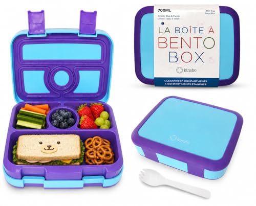 kinsho Bento Lunch Box for Kids Toddlers, 4 Portion Sections Secure Lid, Microwave Safe BPA Free Removable Tray, Pre-School Kid Daycare Lunches Snack Container Ages 3 to 5 Blue Purple - color: Blue-Purple Bento