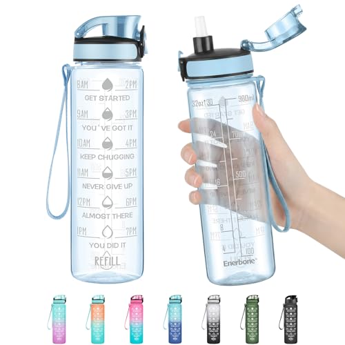 Enerbone Water Bottle, Leakproof BPA & Toxic Free, Motivational Water Bottle with Times to Drink and Straw, Fitness Sports Water Bottle with Strap for Office, Gym, Outdoor Sports - color: Sky, size: 32 Ounces