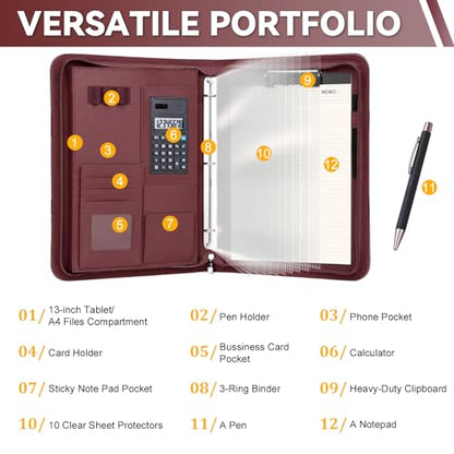 Leathario Portfolio Binder, Includes 5 Sheet Protectors and a Pen, 13 Inch Tablets Organizer, Vegan Leather A4 Padfolio, Multi-Pocket Notepad Business Planner Professional Document - color: Relief Red