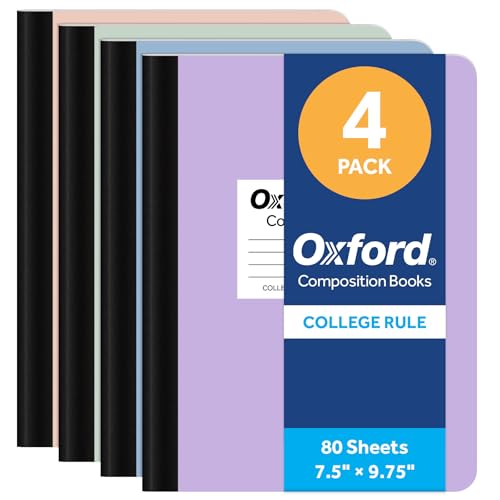 Oxford Composition Notebooks, 4 Pack, College Ruled, 7.5 x 9.75 Inches, 80 Sheets, 160 Pages, Assorted Pastel Covers, Conversion Chart and Class Schedule, Writing Supplies for Students and Teachers