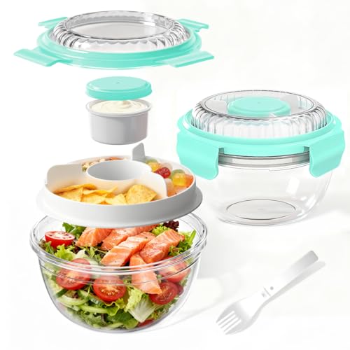 WHALEHOUSE 2-Pack 33 OZ Clear Eco-friendly SK chemicals ECOZEN Salad Container Sets, Portable Plastic Salad Bowls with Lid, Leak-Proof Dressing Container, Bento Lunch Box for Meal Prep & Food Storage - color: Green-2 Pack