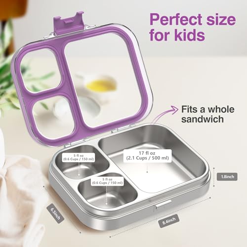 HOMEKOL Stainless Steel Bento Lunch Box, Purple, 3.3Cups | 3-Compartment,Leak-Proof, for Kids & Adults, BPA-Free, Dishwasher Safe, Clear Tritan Lid, 800ml (Not Insulated) - color: Purple, size: 27oz (800ml)