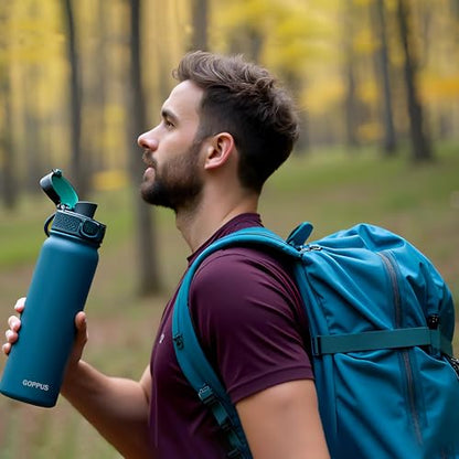 GOPPUS Insulated water bottle 20 oz Stainless Steel Water Bottle BPA-Free Sports Water Bottles, Great for Travel,Silicone Spout Lid- Leak & Sweat Proof with Anti-Dust(Blue green) - color: Blue green