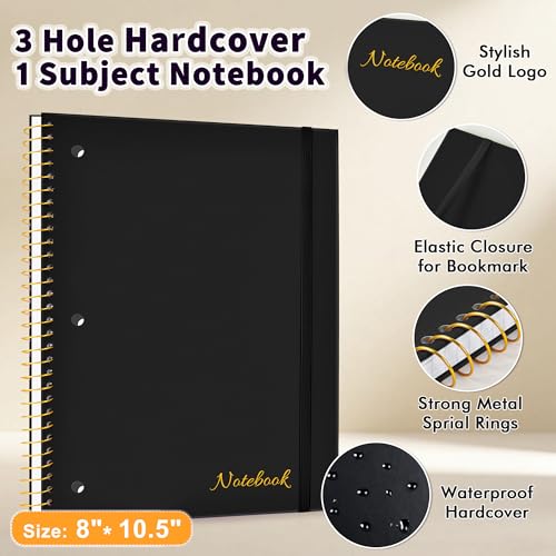 MUAHLIUB Spiral Notebook Wide Ruled Paper 8" x 10 1/2", 1 Subject Spiral Notebook, 3-Hole Punched Perforated Pages Ideal for School, Office, Writing, 95 Sheets Lined Journaling Notebook, Black - color: Black
