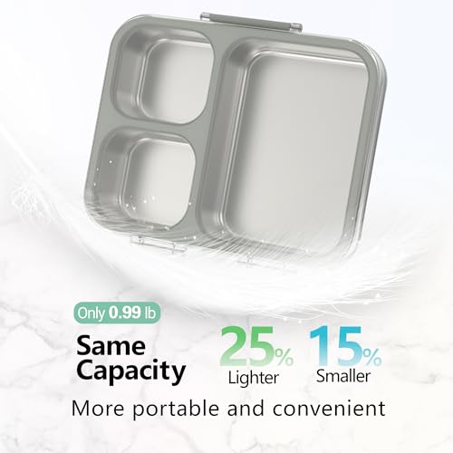 HOMEKOL Stainless Steel Bento Lunch Box 3-Compartment, 4.2Cups, Grey | Leak-Proof Metal Lunch Container for Kids & Adults, BPA-Free, Dishwasher Safe, Clear Tritan Lid, 1000ml (Not Insulated) - color: Gray, size: 34oz (1000ml)