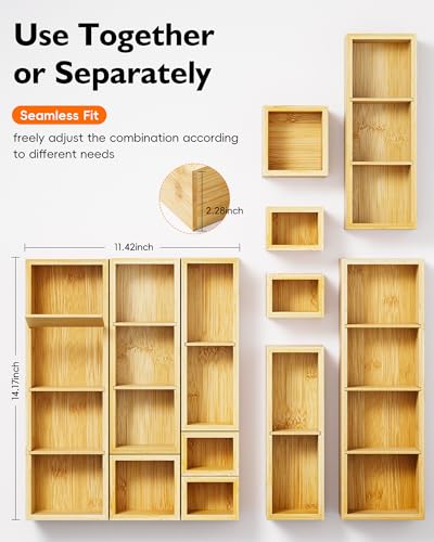 Bamboo Drawer Organizer Set, 6 PCS Desk Drawer Organizer Trays with 12 Compartments, Wood Storage Boxes for Junk Drawer, Kitchen Utensils, Office Supplies, Makeup, Jewelry, Bathroom - size: 12 Compartments