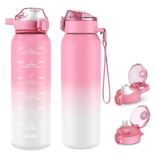 SLUXKE 24oz Insulated Water Bottle with Straw and Spout Lids, 18/10 Stainless Steel 700ml Double Wall Vacuum Sports Water Jug, Leakproof Hydro Cup Flask for Men, Women & Kids PINK WHITE - color: PINK WHITE, size: 24 Ounces