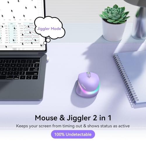 TECKNET Wireless Mouse Jiggler, Rechargeable Mouse with Built-in Mouse Mover, 6 Adjustable DPI & 14 LED Modes, Silent Click, Undetectable Random Movement Keeps Computer Awake for Laptop/PC/Mac- Purple - color: Purple