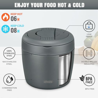 wiwens Thermo Food Jar for Hot Food Adults 32OZ Soup Thermo Lunch Containers Wide Mouth Vacuum Insulated Stainless Steel Leakproof Bento Box with Spoon (Grey) - color: Gray