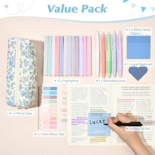 Aileam 22Pcs Book Annotation Kit Aesthetic Pencil Case with Supplies Annotation Supplies Gel Pen Transparent Sticky Note Taking Bible Reading Stationery Supplies (Blue Floral) - color: Blue Floral)