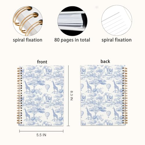 Blue Chinoiserie Safari Notebook Journal, Baby Shower Guest Book, Office School Supplies, Hardcover Lined Notebooks Spiral, Gifts for Women Girls Mom, 5.5x8.3 inch - color: White1